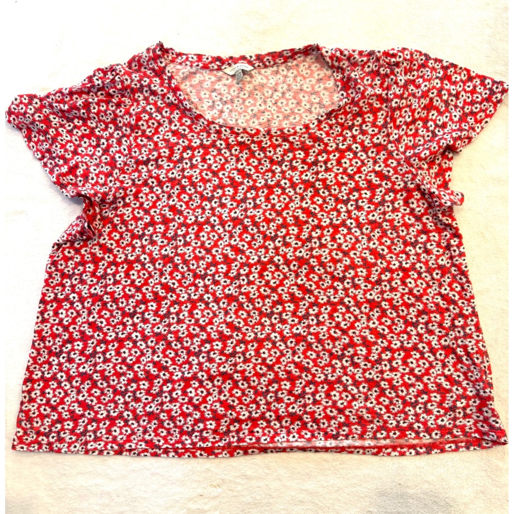 Lucky‎ Brand Womens Red White Floral Daisy Print Knit Top XXL Short Sleeve Scoop